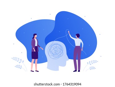 Psychology, psychotherapy and psychiatry counseling concept. Vectop flat person illustration. Human head with tangled thread. Woman doctor and female patient. Design element for banner, infographic.