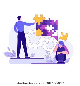Psychology and psychotherapy session, mental healing and well-being, psychotherapist counseling. The woman and the therapist are putting together puzzles. Vector concept in flat cartoon style.