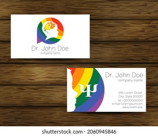 Psychology Rainbow Vector Business Visit Card with Letter Psi Psy and Human Head in Profile on Tree Background. Logo Child Silhouette Design concept for Branding Identity