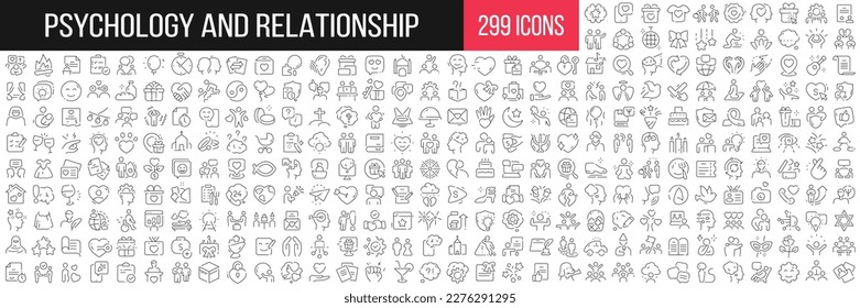 Sammlung von Symbolen aus der Psychologie und der Beziehungen. Große Menge von 299 dünnen Linien Icons in Schwarz. Vektorgrafik