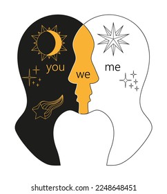 Psychology of relationship, love affection. The fusion of two personalities, lack of personal boundaries. Silhouette of two heads of people. Stars, lines show as a mental connection.