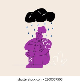 Psychology. Sad unhappy young woman sitting under the rain cloud. Colorful vector illustration