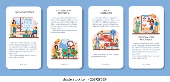Juego de banners para aplicaciones móviles del curso de Psicología en la escuela. Estudio de salud mental y emocional. Asesoramiento a los niños psicólogos escolares y a los padres. Ilustración vectorial plana