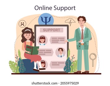 Psychology School Course Online Service Or Platform. Mental And Emotional Health Studying. School Psychologist Counselling. Online Support. Flat Vector Illustration