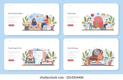 Psychology school course web banner or landing page set. School psychologist consultation. Mental and emotional health studying. Human mind and behavior problem solving. Flat vector illustration