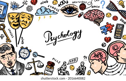 Psychology science background. Psychologist online. Clew and dna,. Hand drawn sketch poster banner. Psychological help. Brain and mind and mental health. Vintage retro signs. Doodle style. 