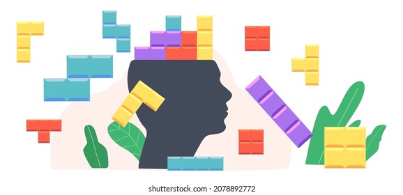 Psychology Science Concept with Colorful Puzzle Pieces on Huge Human Head. Mental Health and Sick Mind Treatment, Emotional Disorder Psychological Support and Assistance. Cartoon Vector Illustration