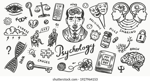 Psychology science poster or banner. Psychologist online. Clew and dna, puzzle and key. Hand drawn sketch. Psychological help. Brain and mind and mental health. Vintage retro signs. Doodle style. 