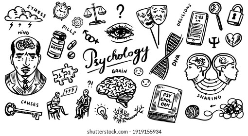 Psychology science symbols. Psychologist online. Clew and dna, puzzle and key. Hand drawn sketch. Psychological help. Brain and mind and mental health. Vintage retro signs. Doodle style. 