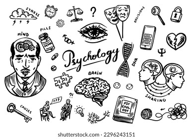 Psychology science symbols. Psychologist online. Clew and dna, puzzle and key. Hand drawn sketch. Psychological help. Brain and mind and mental health. Vintage retro signs. Doodle style. 