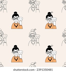 Psychology seamless pattern with happy and sad woman with mask emotion on light background. Vector illustration. Outline, hand drawn doodle style
