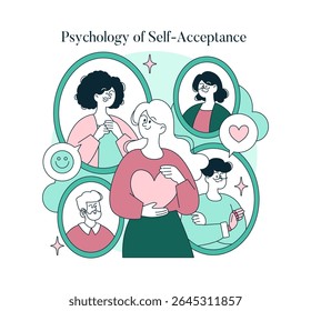 Psychology of self acceptance concept. Group of diverse people embracing strengths and imperfections with compassion and understanding in a supportive community for mental health. Vector illustration.