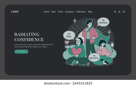 Psychology Of Self Acceptance concept. People embrace self worth with positive affirmations and compassion. Inner peace, self love, authenticity and happiness in daily life. Vector illustration.