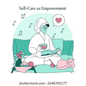 Psychology Of Self Acceptance concept. A person enjoys tea, reading, relaxation, and comfort at home with a cat, snacks, and flowers, nurturing self-worth and well-being. Vector illustration.