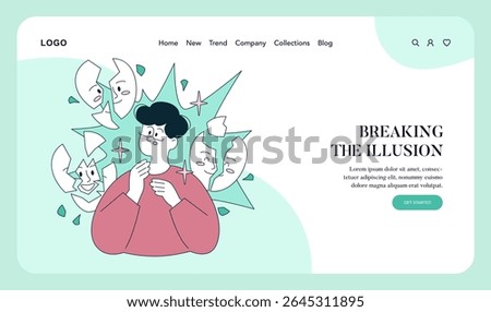 Psychology Of Self Acceptance concept. Person removes false masks, discovering authenticity and personal truth Self reflection and self discovery create emotional freedom and genuine identity. Vector