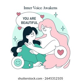 Psychology Of Self Acceptance concept. Positive self-talk supports mental health growth and emotional healing. Inner voice encourages confidence, resilience, and self-love. Vector illustration.