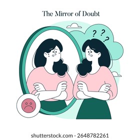 Psychology Of Self Acceptance concept. Woman faces her reflection with uncertainty and sadness. Self-doubt and emotional struggle appear in daily life while searching for self-worth. Vector