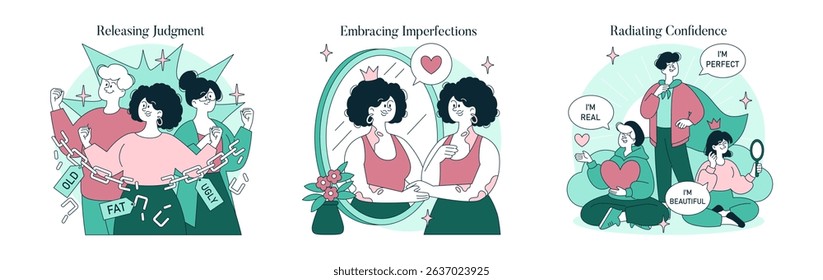 Psychology Of Self Acceptance set. Breaking free from judgment, embracing imperfections, and developing self-confidence. Authenticity, self-love, and positive mindset help people value themselves