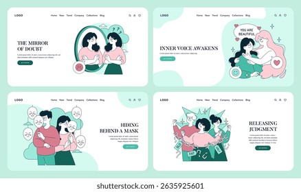 Psychology Of Self Acceptance set. Overcoming self doubt, listening to inner voice, being authentic and letting go of judgment help people accept themselves and boost confidence. Vector illustration.