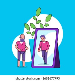 Psychology of self perception ego concept with old man looks into mirror and sees himself as boy in reflection line art cartoon vector illustration. Self-worth, self-esteem nostalgic look.