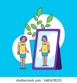 Psychology of self perception ego concept with girl looks into mirror and sees herself ugly in reflection line art vector illustration. Self-worth, self-perception and identity female look.