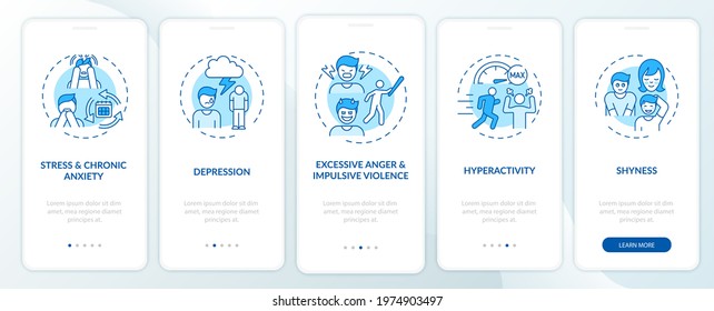 Psychology of self-control blue onboarding mobile app page screen with concepts. Regulation walkthrough 5 steps graphic instructions. UI, UX, GUI vector template with linear color illustrations