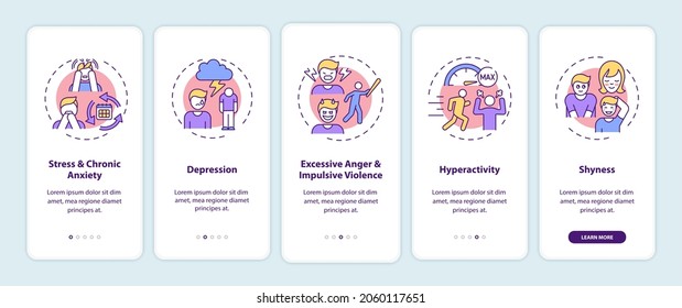 Psychology of self-control development onboarding mobile app page screen with concepts. Regulation walkthrough 5 steps graphic instructions. UI, UX, GUI vector template with linear color illustrations