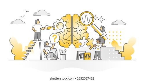 Psychology session therapy for emotional and mental mind healthcare monocolor outline concept. Specialist go into patient inner subconscious brain for problem reason solutions vector illustration.