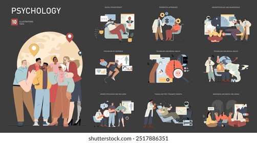 Psychology set. Digital and integrative therapy, neuroscience, happiness, tech's impact on mental health, inclusion, trauma recovery, and well-being. Vector illustration.