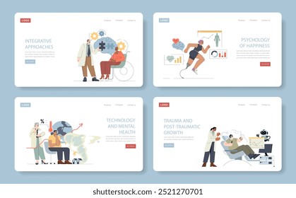 Psychology set. Diverse aspects of mental health explored through professional and patient interactions. Wellness journey, technology integration, coping mechanisms. Vector illustration.