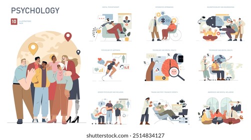 Conjunto de psicología. Explore varios temas psicológicos, desde la felicidad hasta el trauma, y la terapia digital. Conceptos de salud mental inclusivos y modernos. Ilustración vectorial.