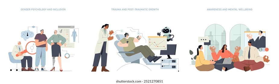 Psychology set exploring gender inclusion, trauma recovery, and mental wellbeing with diverse interactions and therapy scenes. Vector illustration.