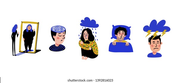 Psychology. Set of men and women with psychological problems on white background. Mental disorders, illnesses, psychiatry. Naive style flat vector illustration