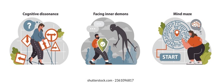 Psychology set. Mental and psychological phenomenon or conditions. Cognitive conflict and pattern. Internal personality filters or biases. Flat vector illustration