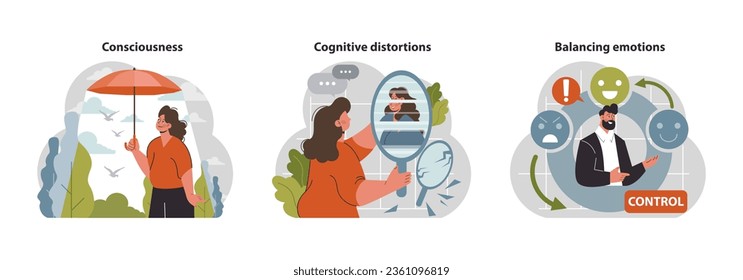 Psychology set. Mental and psychological phenomenon or conditions. Cognitive conflict and pattern. Internal personality filters or biases. Flat vector illustration