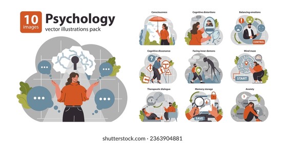 Psychology set. Mental and psychological phenomenon or conditions. Cognitive conflict and pattern. Internal personality filters or biases. Flat vector illustration