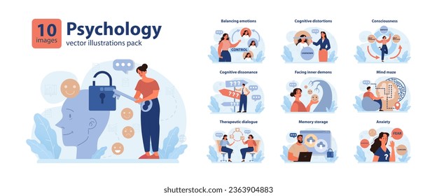 Psychology set. Mental and psychological phenomenon or conditions. Cognitive conflict and pattern. Internal personality filters or biases. Flat vector illustration