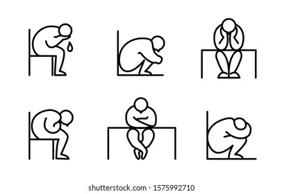 Psychology set. People icons of stressful postures. Line Icons. Editable stroke signs. Depression, illness, fear, loneliness, negative emotion conceptual cartoon illustration. Vector