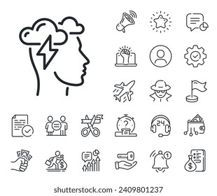 Psychology sign. Salaryman, gender equality and alert bell outline icons. Mindfulness line icon. Cloud storm symbol. Mindfulness stress line sign. Spy or profile placeholder icon. Vector