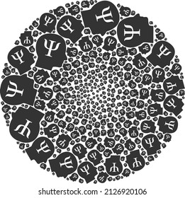 Psychology signs are combined into round group. Psychology icon round mosaic. Abstraction spheric bubble mosaic is designed from psychology symbols.
