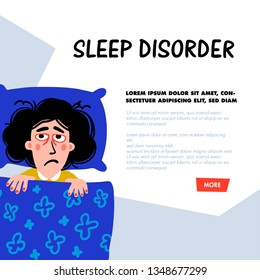 Psychology. Sleep disorder concept. Woman character with insomnia in bed. Sleepless female person with tired sadness face and red eyes. Doodle style flat vector illustration