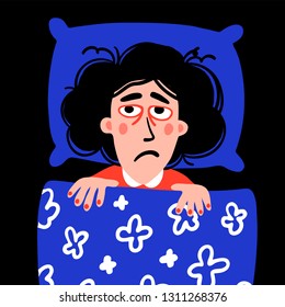 Psychology. Sleep disorder. Woman character with insomnia in bed. Sleepless female person with tired sadness face and red eyes. Doodle style flat vector illustration