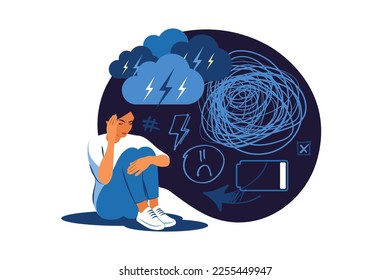 Psychology, solitude, fear and mental health problems concept. Mood changes. PMS symptoms anxiety or panic attack. Vector illustration.