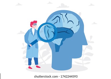 Psychology specialist doctor with magnified glass work with brain   , Vector illustration for web banner, infographics, mobile. world mental health day poster concept background. 