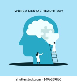 Psychology Specialist Doctor Work Together To Fix Connecting Jigsaw Piece Brain Head Puzzle Vector Illustration For World Mental Health Day Poster Concept Background. Tiny People Modern Style Design.