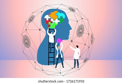 Psychology specialist doctor work together to fix connecting jigsaw piece brain head puzzle .stimulate mental health concept.