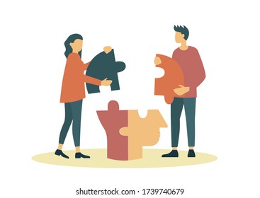 Psychology specialist doctor work together to fix connecting jigsaw piece brain head puzzle vector illustration for world mental health day poster concept background. Tiny people modern style design.