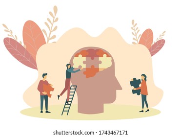 Psychology Specialist Doctor Work Together To Fix Connecting Jigsaw Pieces. Brain Or Head Puzzle Vector Illustration For World Mental Health Day Poster Concept Background. Tiny People Modern Style Design.