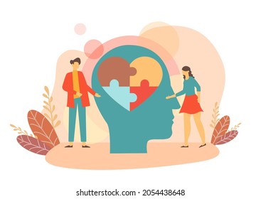 Psychology specialist doctor work together to fix connecting jigsaw pieces. brain or head puzzle vector illustration for world mental health day poster concept background. 