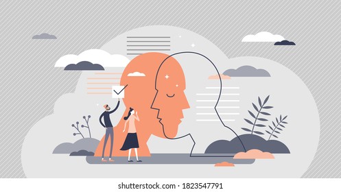 Psychology study about human mental emotion and feelings tiny person concept. Abstract head, mind and brain as thinking description and psychiatry diagnosis vector illustration. Inner world healthcare